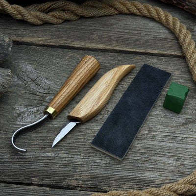 3 - Piece Wood Carving Knife Set – Whittling Knife, Hook Knife & Leather Strop - 1