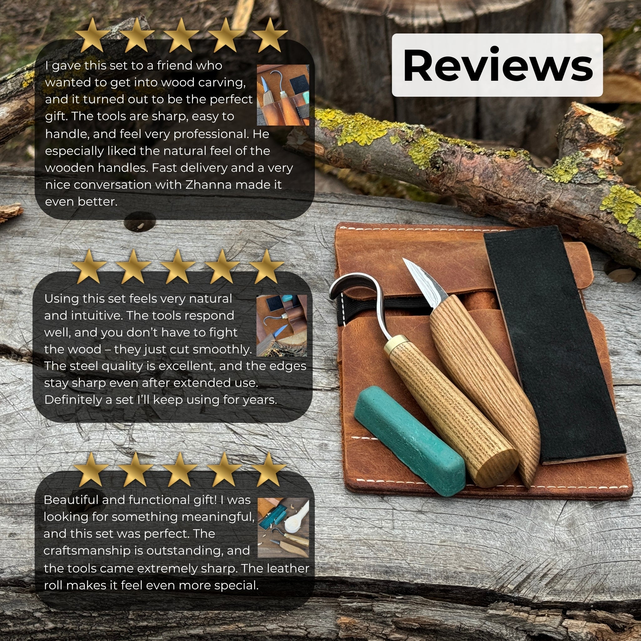 3 - Piece Wood Carving Knife Set – Whittling Knife, Hook Knife & Leather Strop - 9
