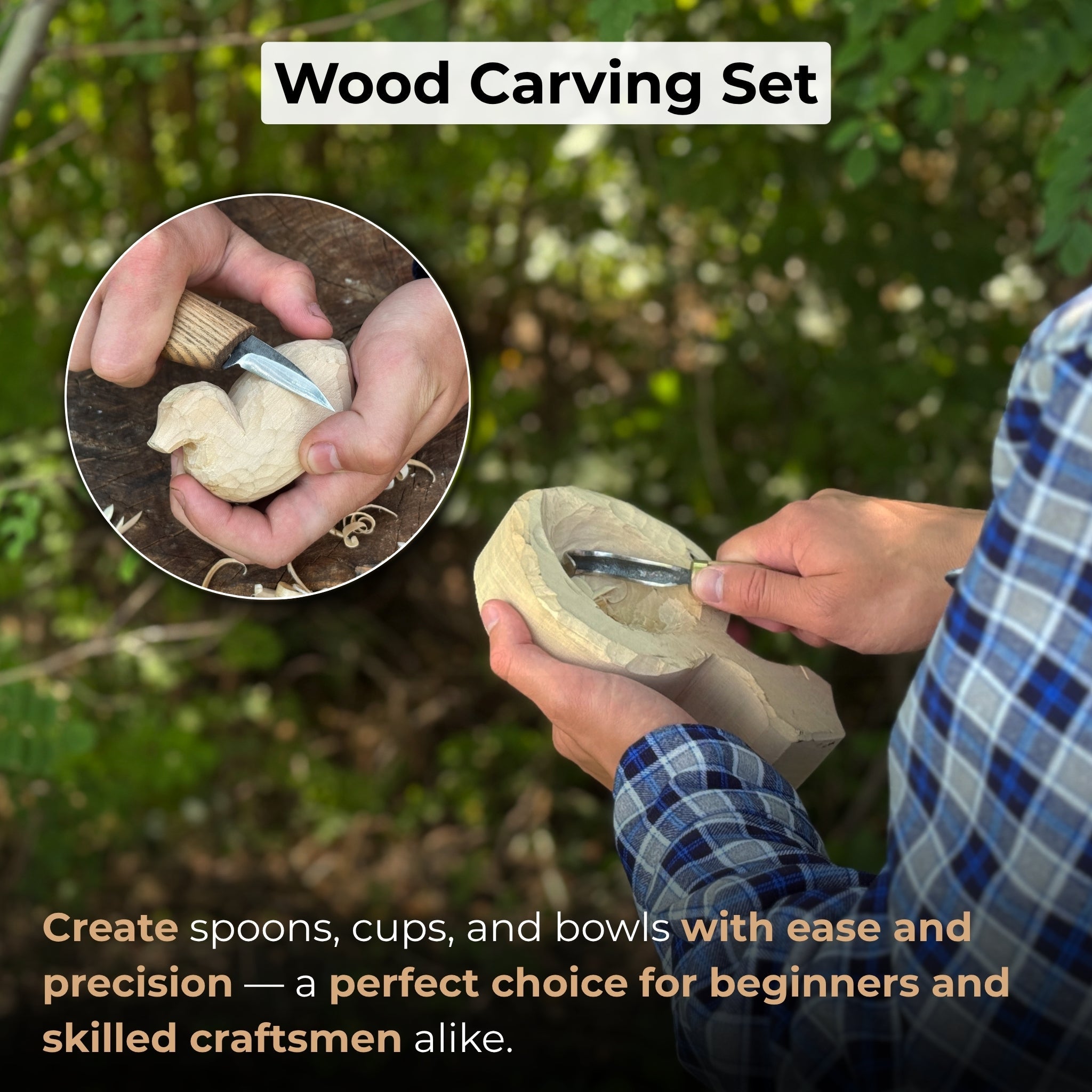 3 - Piece Wood Carving Knife Set – Whittling Knife, Hook Knife & Leather Strop - 2