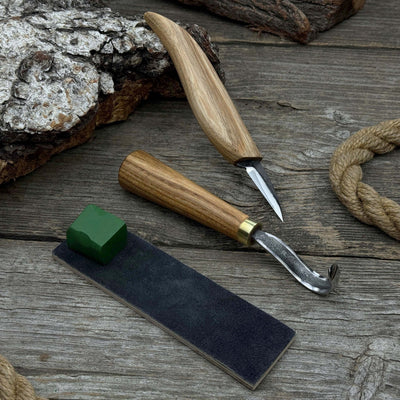 3 - Piece Wood Carving Knife Set – Whittling Knife, Hook Knife & Leather Strop - 2