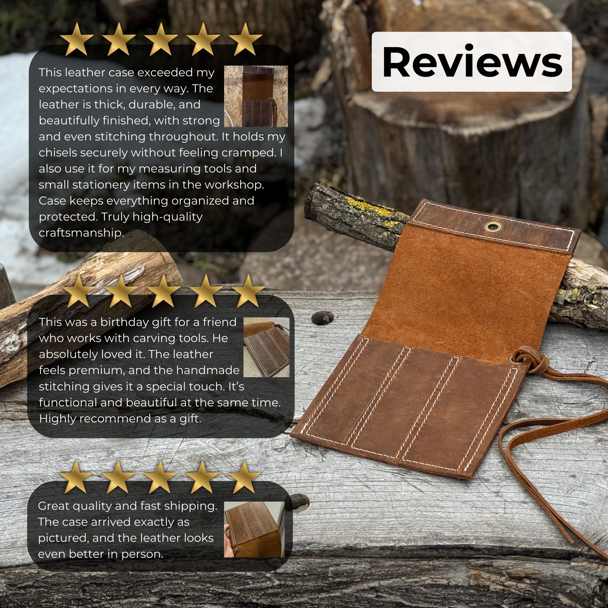 3 Pocket Leather Tool Roll for Chisels, Knives, and Small Hand Tools - 11