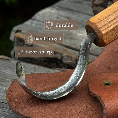 Spoon Carving Hook Knife with Leather Sheath, Blade 6.5 cm (2.56 inches)