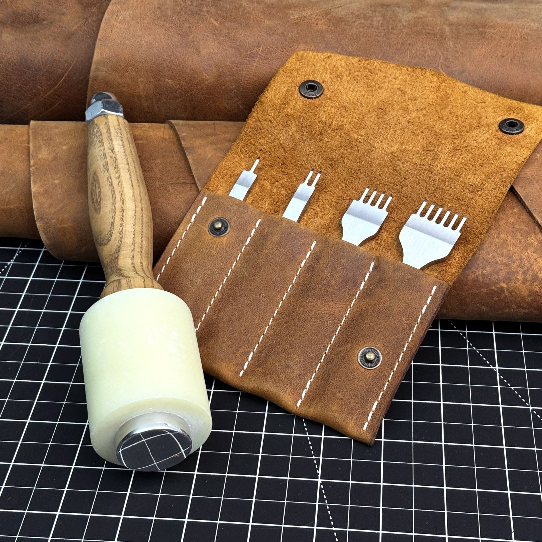 4-Piece Diamond Style Leather Pricking Iron and Leather Nylon Hammer - 1