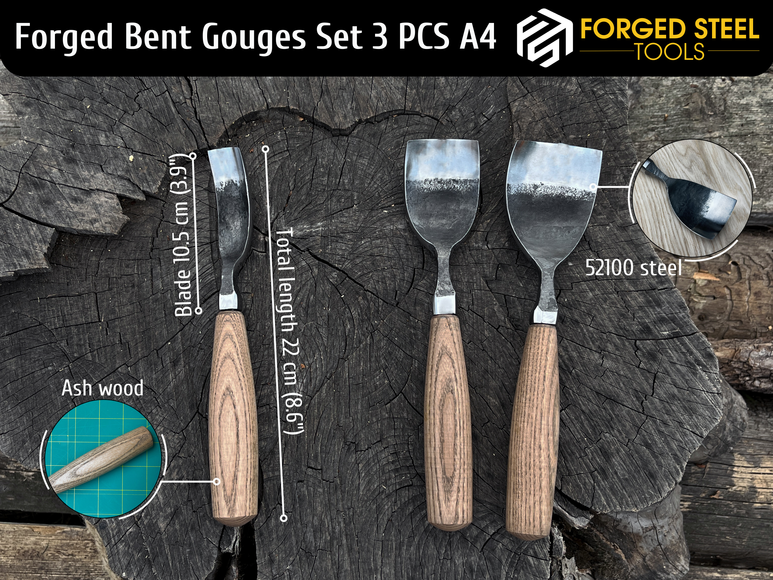 3-Piece Hand-Forged Bent Gouge Set