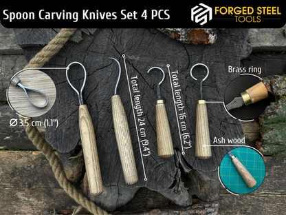 4-Piece Hand-Forged Wood Carving Knife Set - Forged Steel Tools