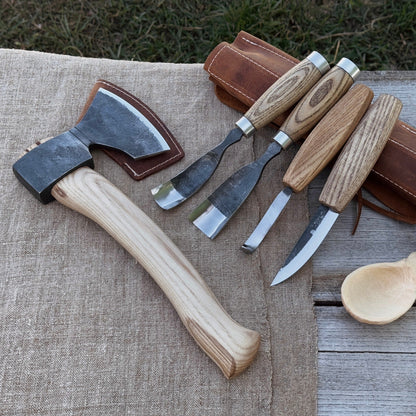 5 - Piece Hand - Forged Carving Tool Set with Leather Sheath - 1
