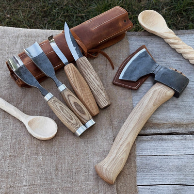 5 - Piece Hand - Forged Carving Tool Set with Leather Tool Roll - 1