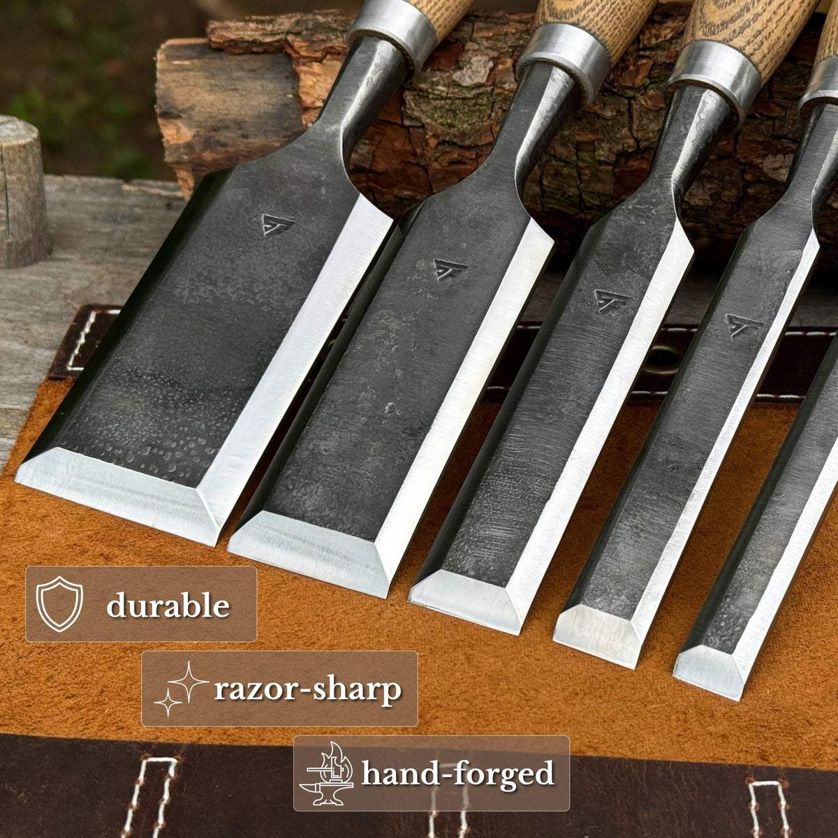 5-Piece Small Timber Framing Chisel Set with Leather Case - 2