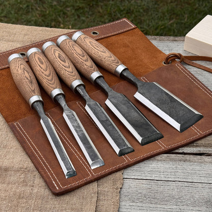 5 - Piece Small Timber Framing Chisel Set with Leather Case - 1