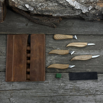 5 - Piece Wood Carving Knife Set with Sharpening Board & Leather Case - 7