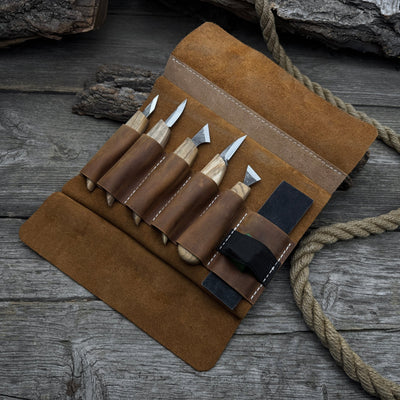 5 - Piece Wood Carving Knife Set with Sharpening Board & Leather Case - 8
