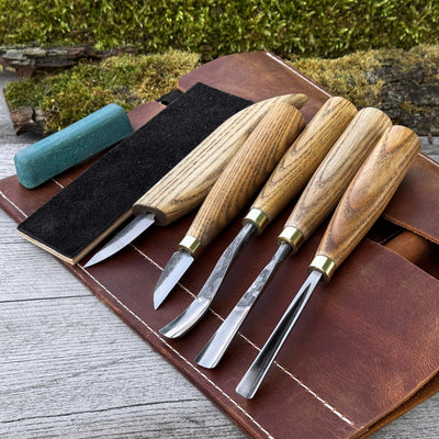 5 - Piece Wood Carving Tool Set with Sharpening Board & Leather Case - 1