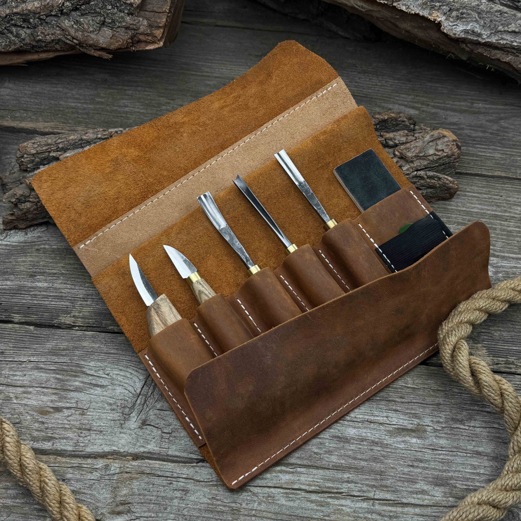 5 - Piece Wood Carving Tool Set with Sharpening Board & Leather Case - 1