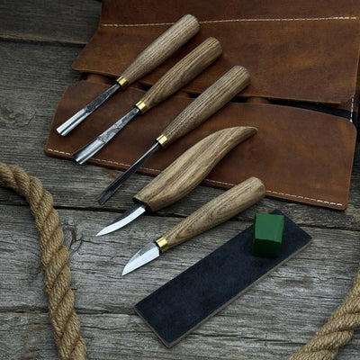 5 - Piece Wood Carving Tool Set with Sharpening Board & Leather Case - 5