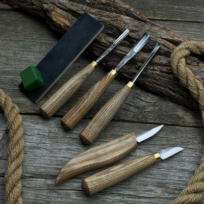 5 - Piece Wood Carving Tool Set with Sharpening Board & Leather Case - 6