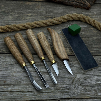 5 - Piece Wood Carving Tool Set with Sharpening Board & Leather Case - 9