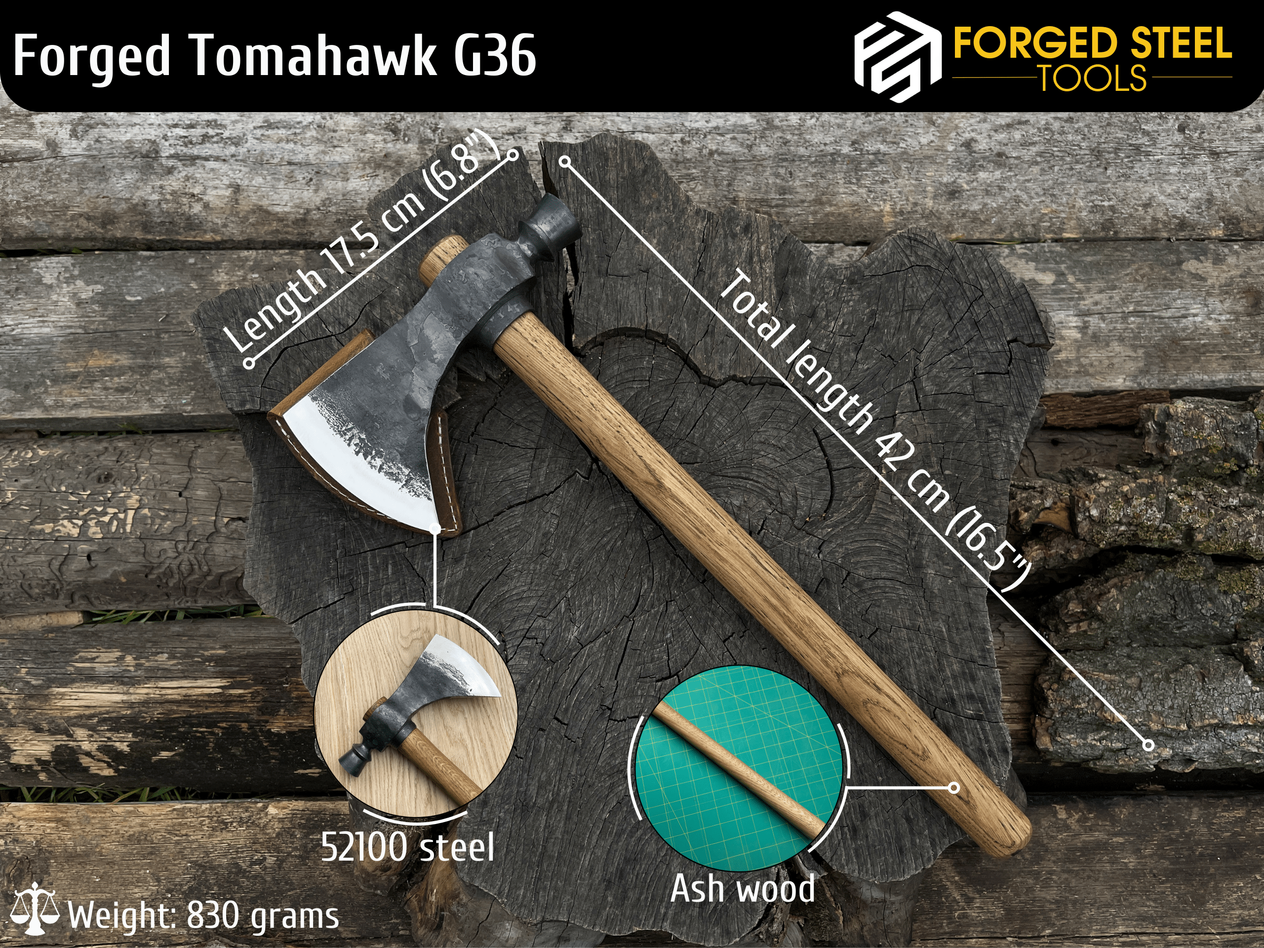 16.5" Hand-Forged Tomahawk with Removable Handle, 0.83 kg (1.8 Ibs) - Forged Steel Tools