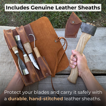5-Piece Hand-Forged Carving Tool Set with Leather Sheath