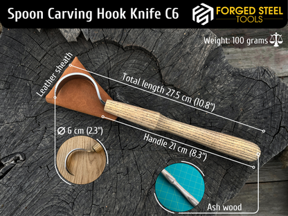 Hand-Forged Large Spoon Carving Hook Knife, ⌀6 cm (2.3 inches) - Forged Steel Tools