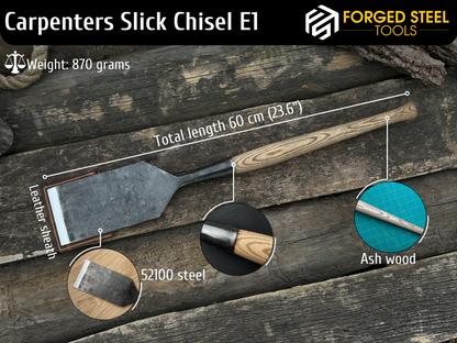 Hand-Forged Long Timber Framing Chisel, 20 - 100 mm (0.8 - 3.9 inches) - Forged Steel Tools