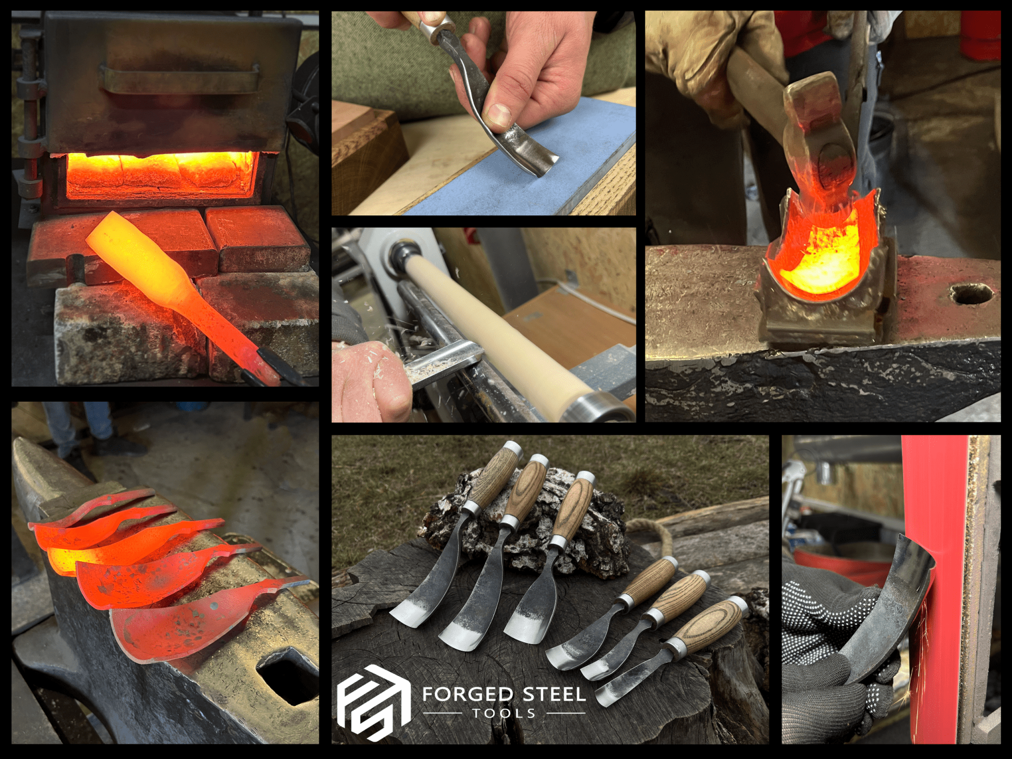 6-Piece Hand-Forged Long Bent Gouge Set - Forged Steel Tools