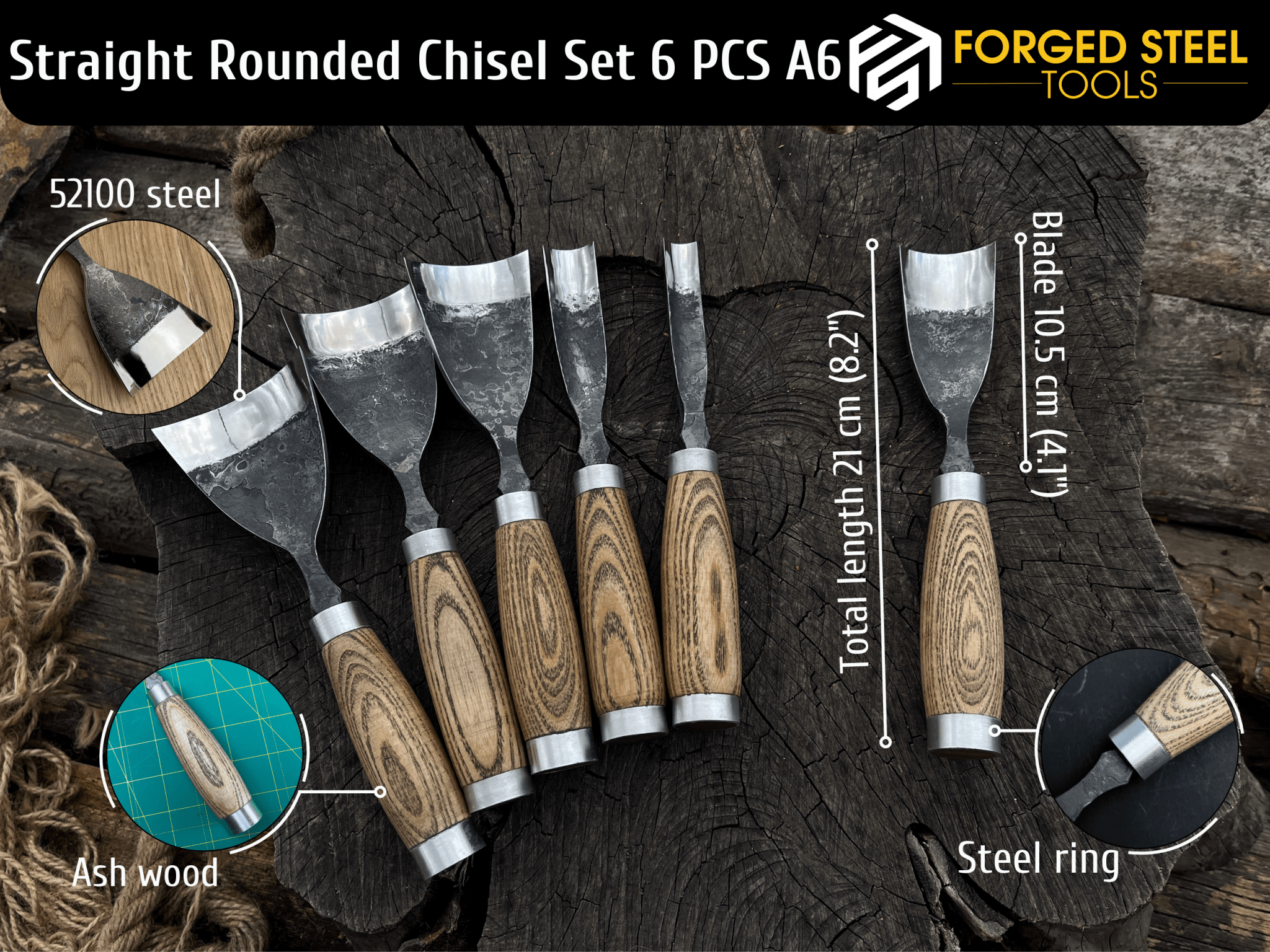 6 - Piece Hand - Forged Straight Rounded Chisel Set - 3