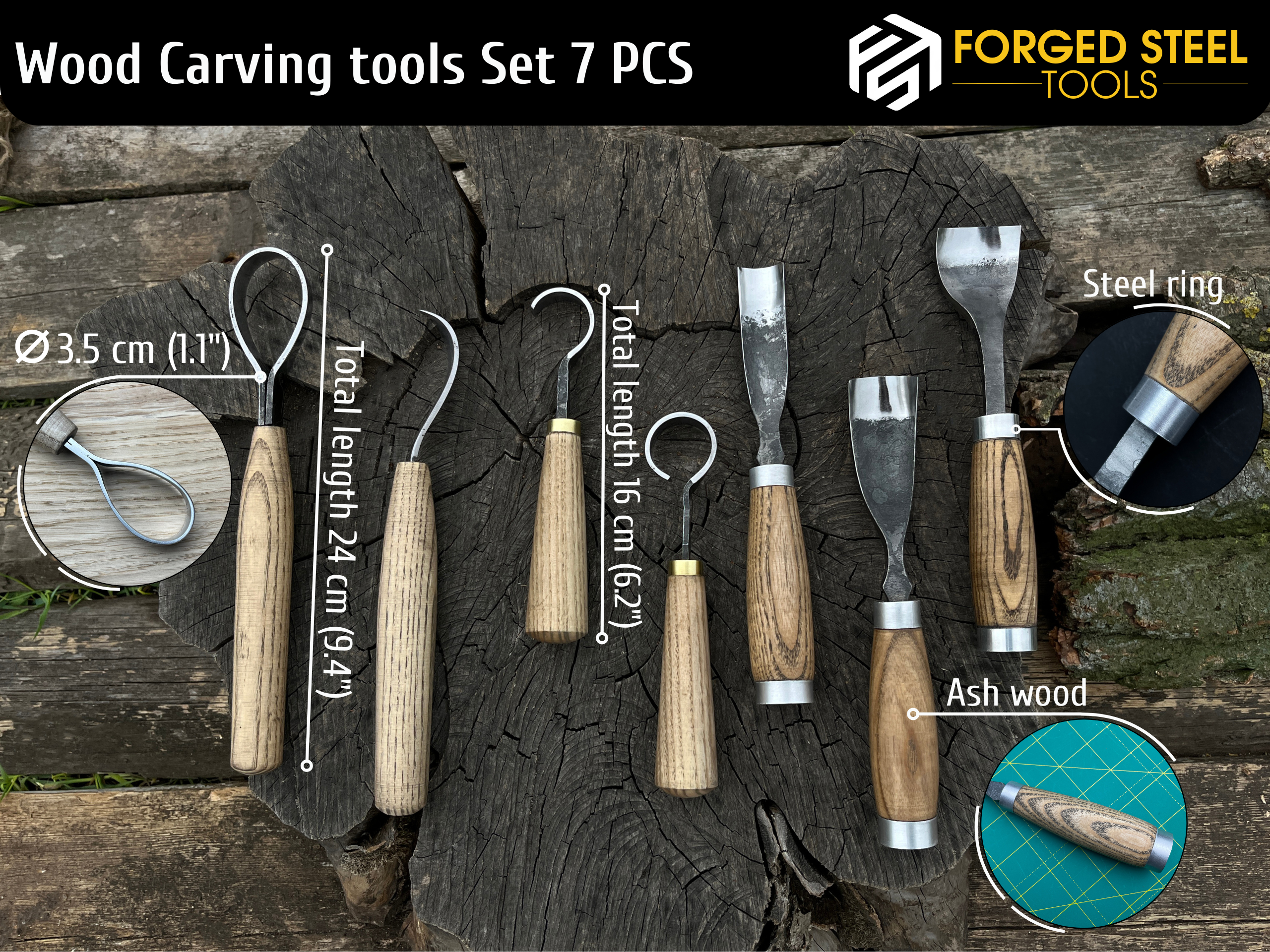 7-Piece Hand-Forged Wood Carving Tool Set - Forged Steel Tools