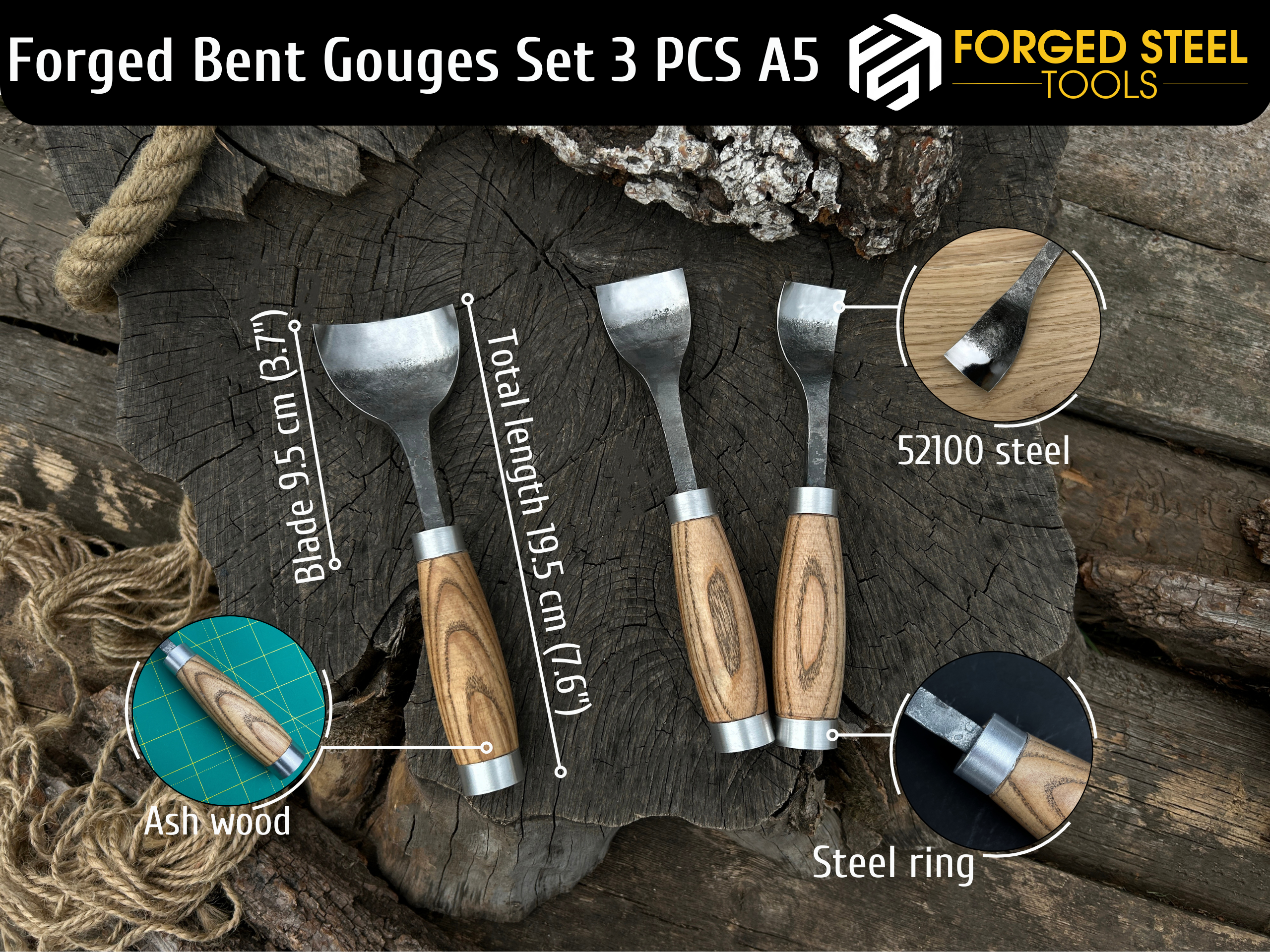 3-Piece Hand-Forged Spoon Bent Gouge Set