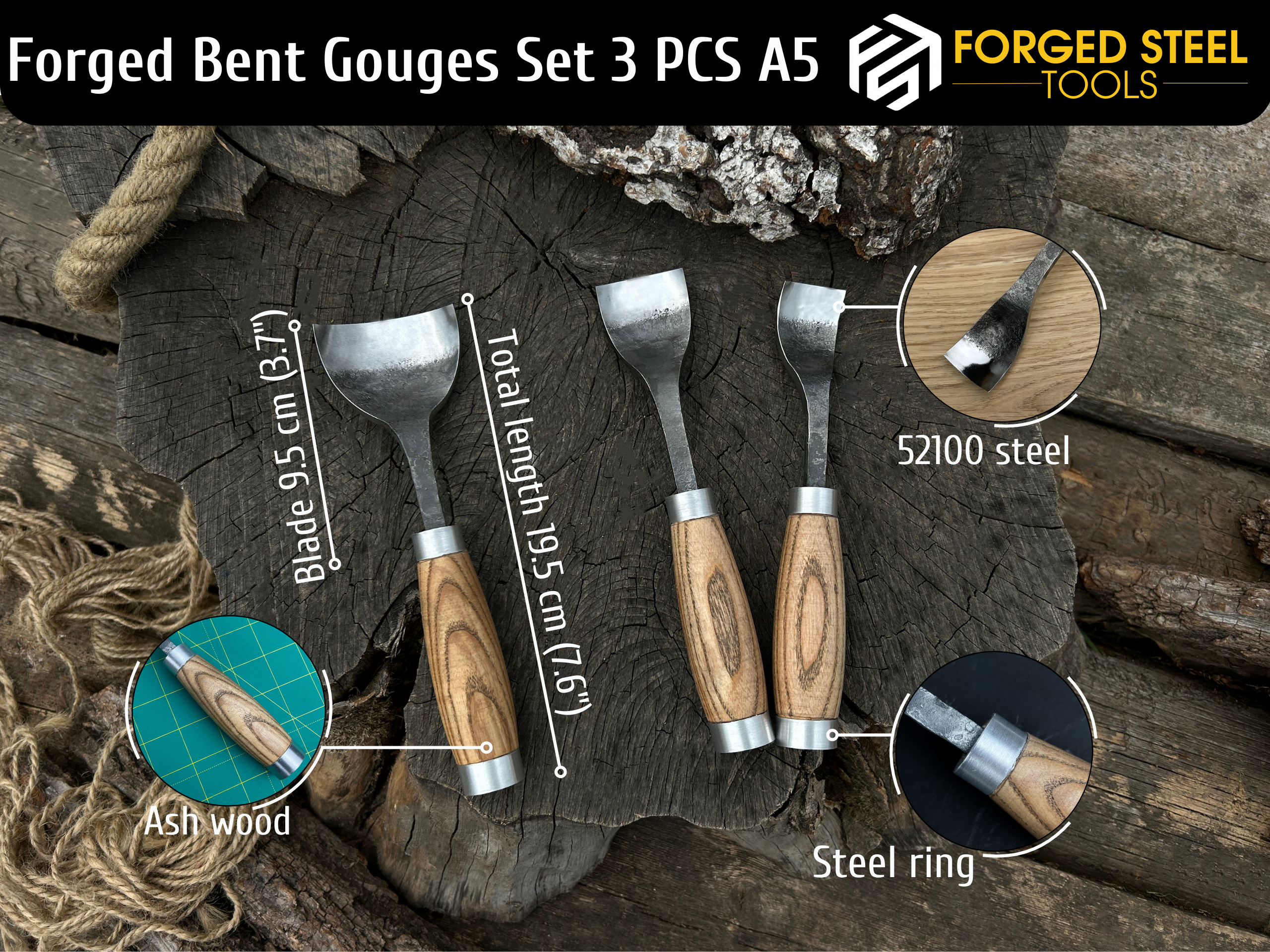 3-Piece Hand-Forged Spoon Bent Gouge Set - Forged Steel Tools