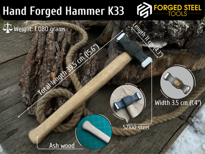 Hand-Forged Double Blacksmith's Hammer, 1 kg (2.2 lbs) - Forged Steel Tools