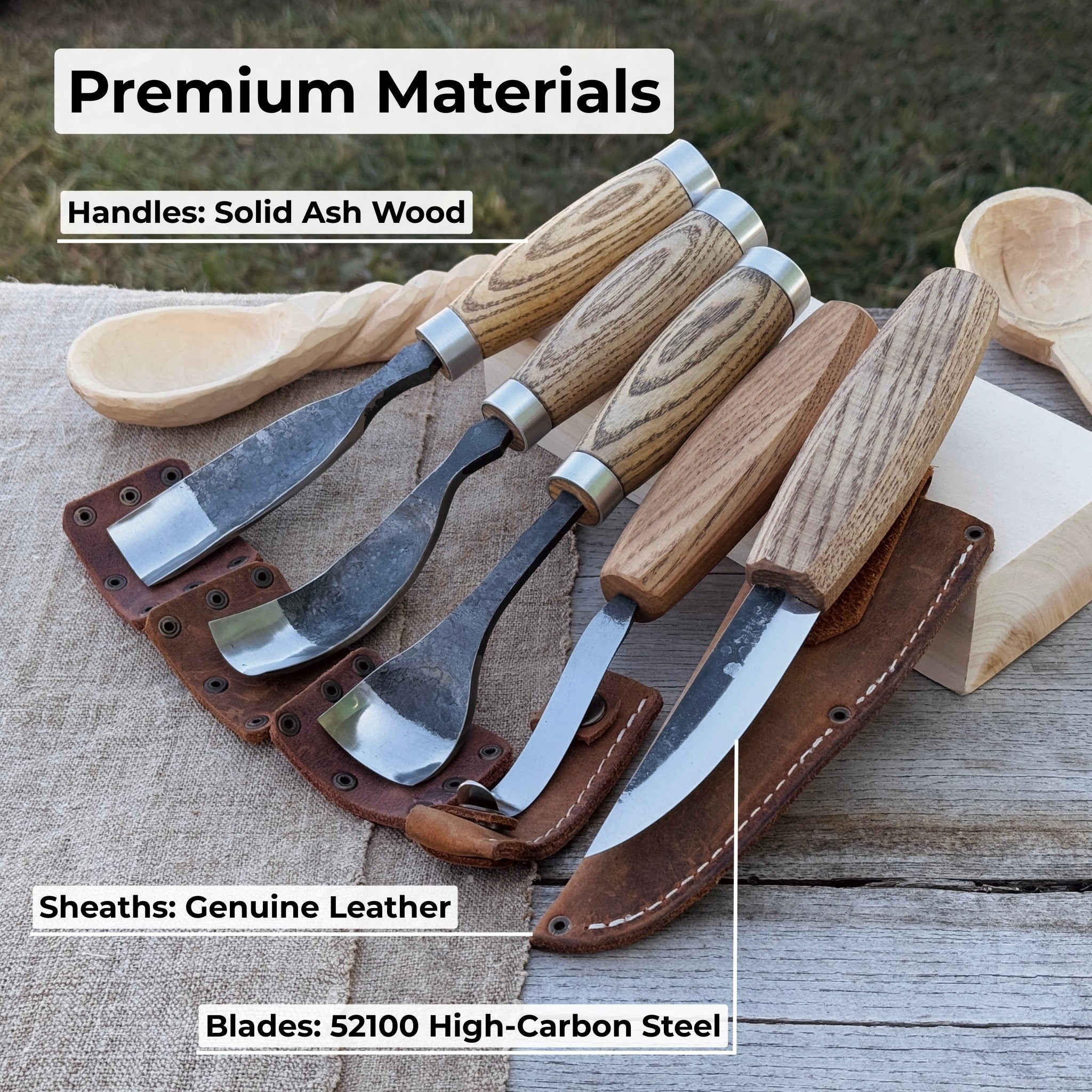 5-Piece Spoon & Bowl Carving Tool Set with Leather Sheath