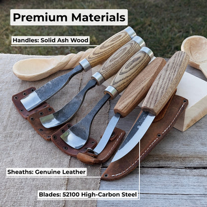 5-Piece Spoon & Bowl Carving Tool Set with Leather Sheath