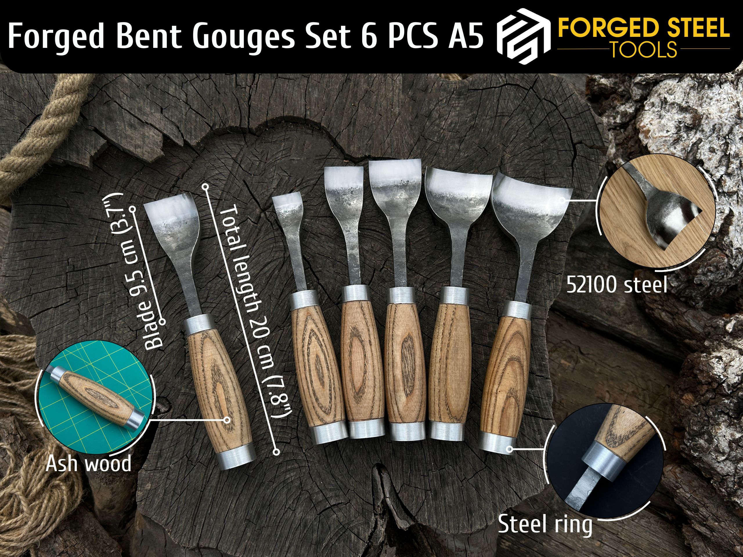 6-Piece Hand-Forged Spoon Bent Gouge Set - Forged Steel Tools