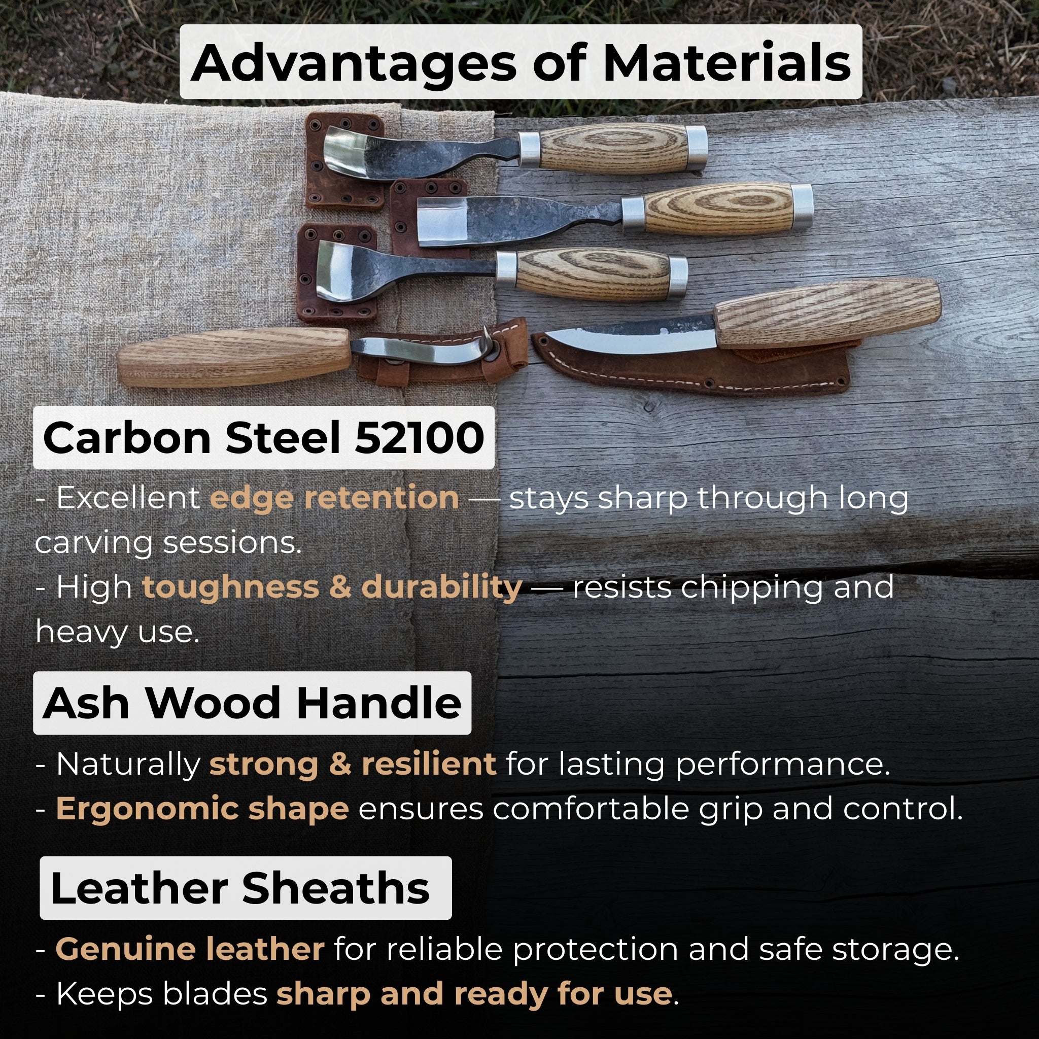 5-Piece Spoon & Bowl Carving Tool Set with Leather Sheath