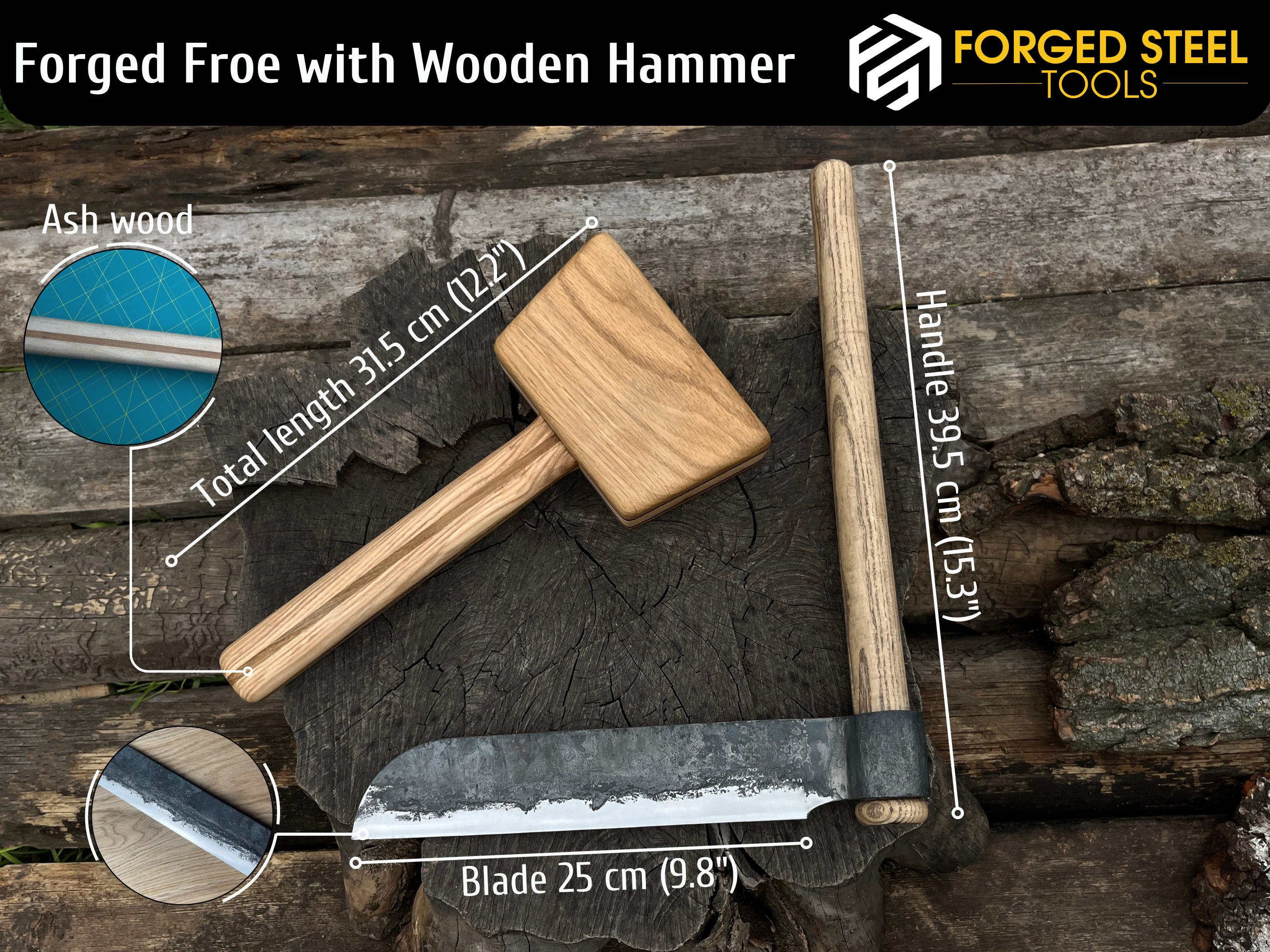 Hand-Forged Splitting Froe with Wooden Mallet - Forged Steel Tools