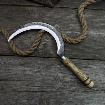 Hand-Forged Large Sickle, ⌀19 cm (7.5 inches) Blade, Leather Belt Attachment