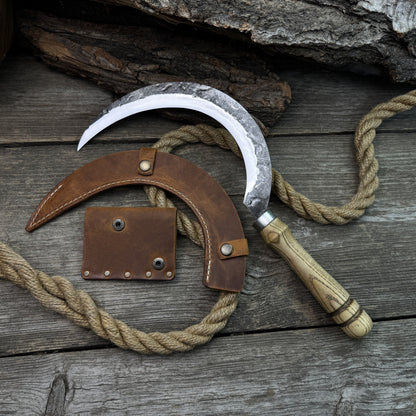 Hand-Forged Large Sickle, ⌀19 cm (7.5 inches) Blade, Leather Belt Attachment