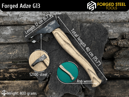 15.7" Small Woodworking Adze with Curved Blade, 0.8 kg (1.7 Ibs) - Forged Steel Tools