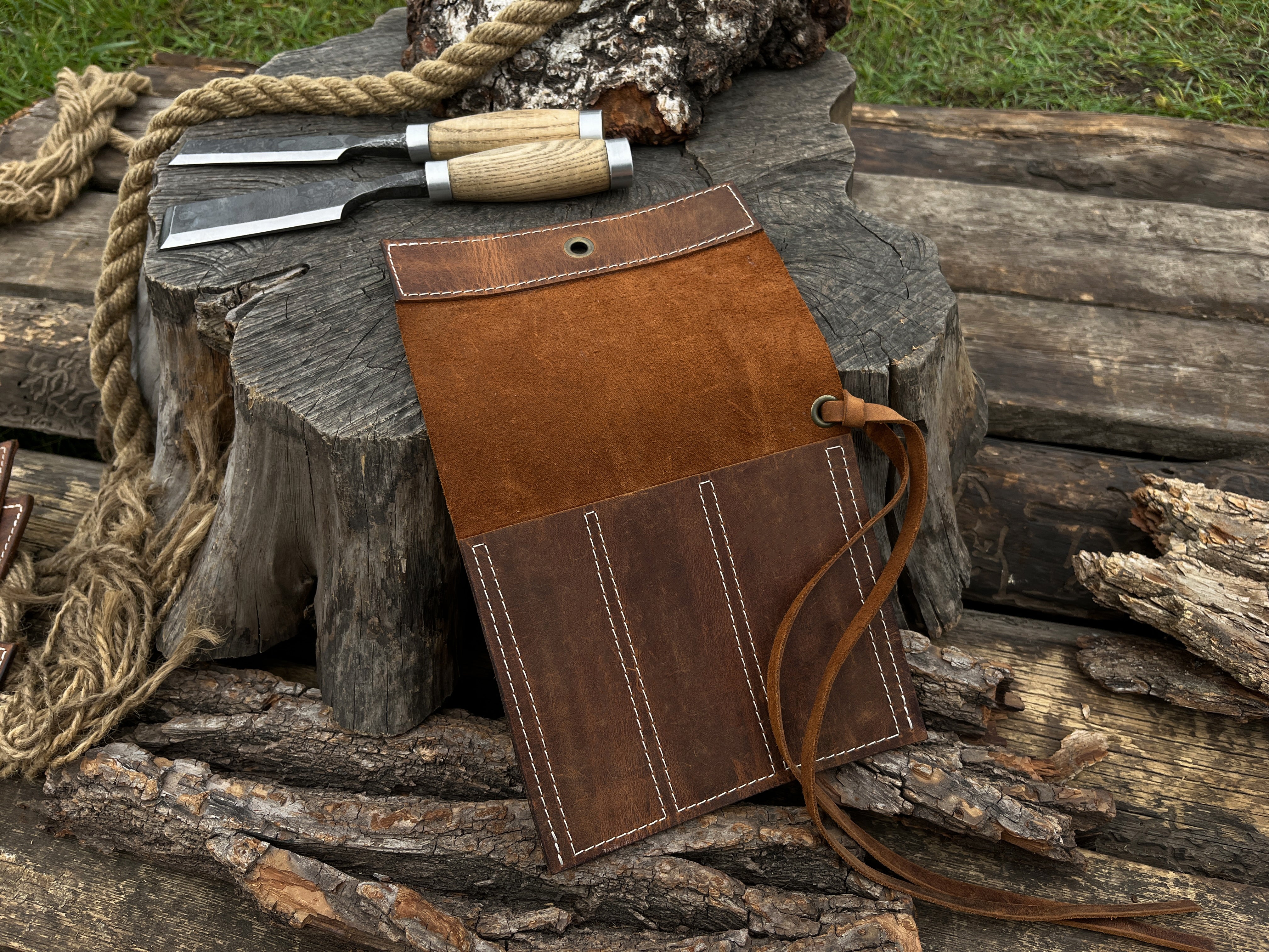 Leather Tool Roll 3 Pockets - Forged Steel Tools