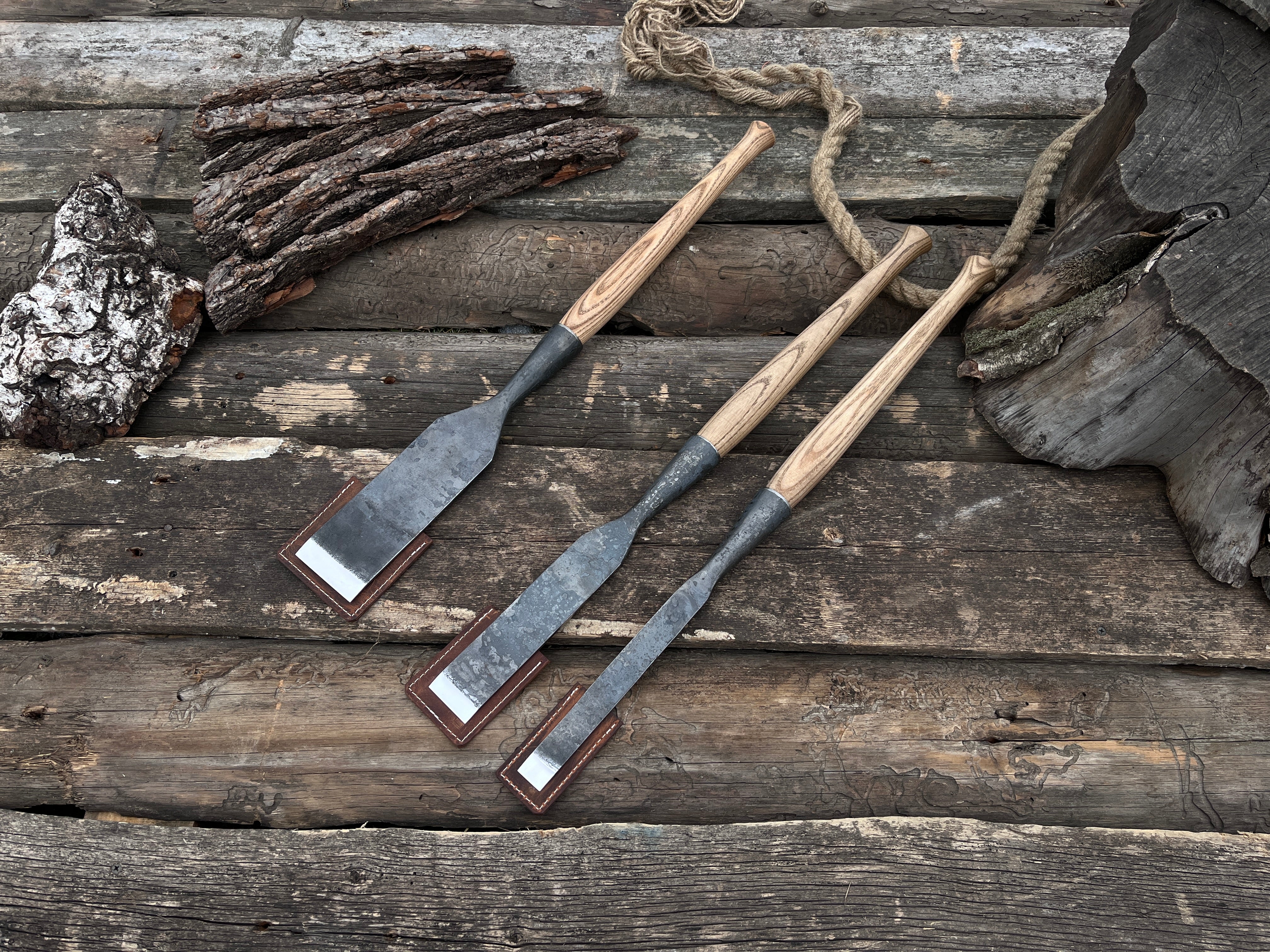 3-Piece Hand-Forged Long Timber Framing Chisel Set - Forged Steel Tools