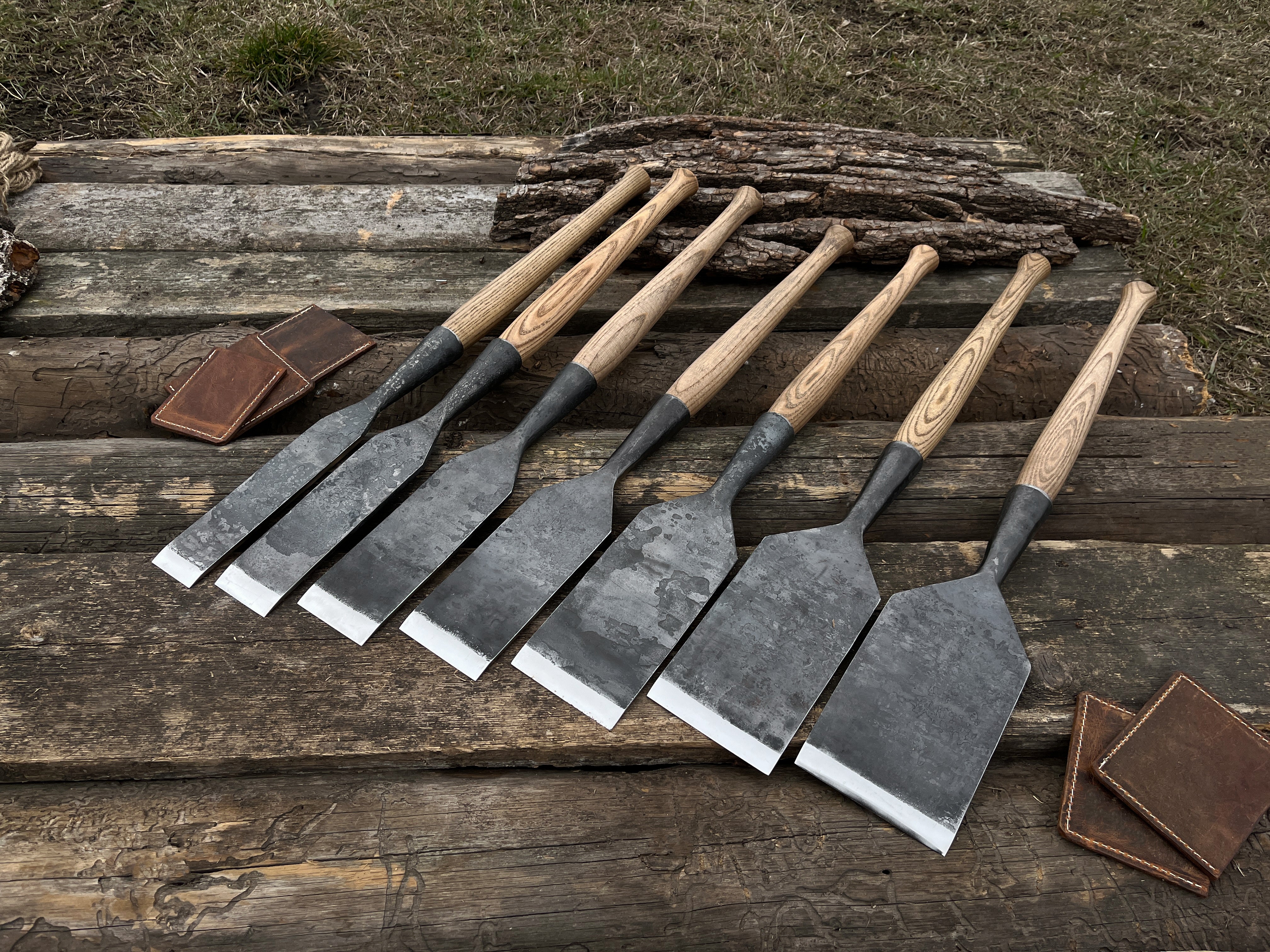 7-Piece Hand-Forged Long Timber Framing Chisel Set - Forged Steel Tools