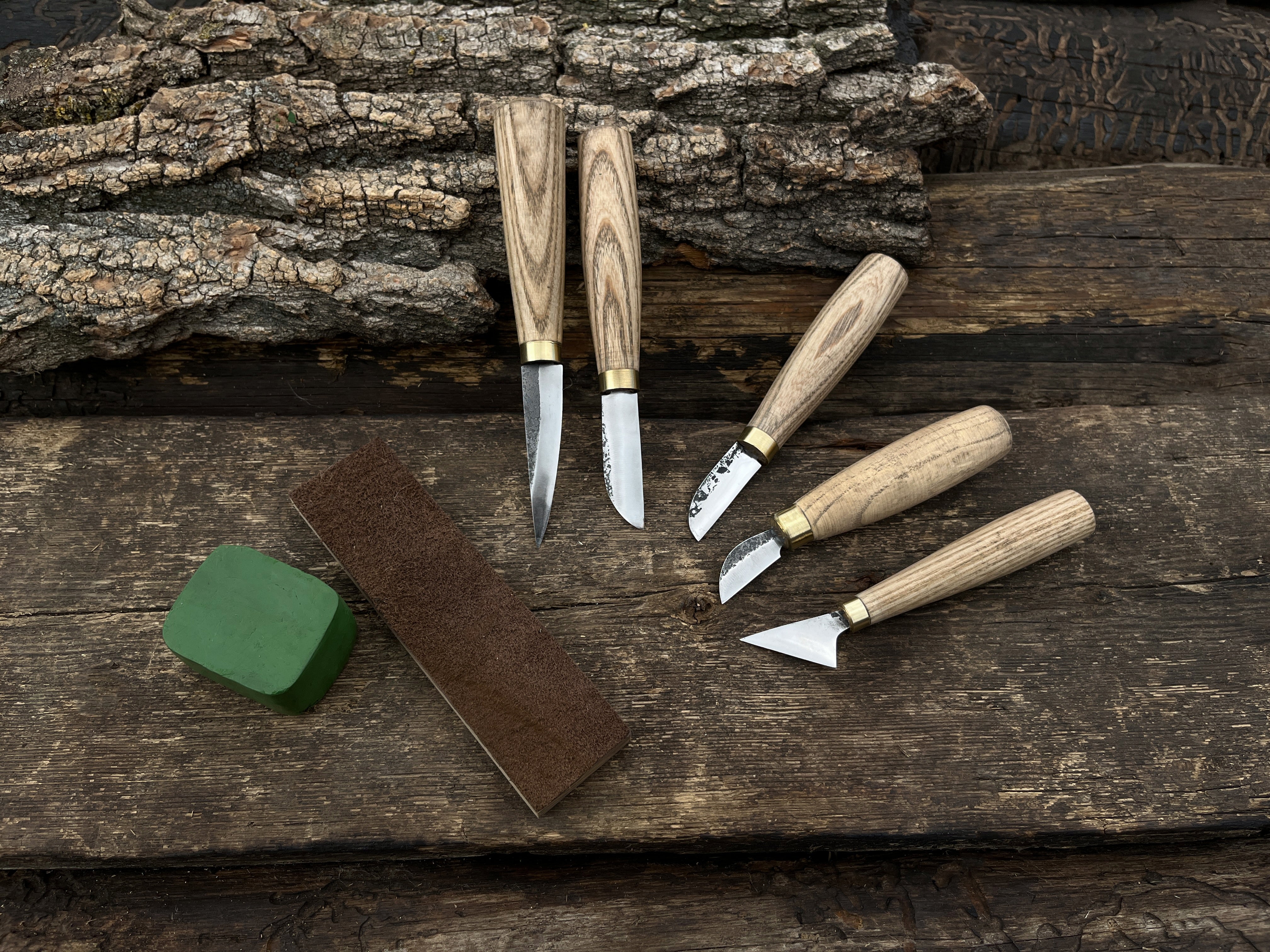 5-Piece Hand-Forged Wood Carving Knife Set with Leather Strop - Forged Steel Tools