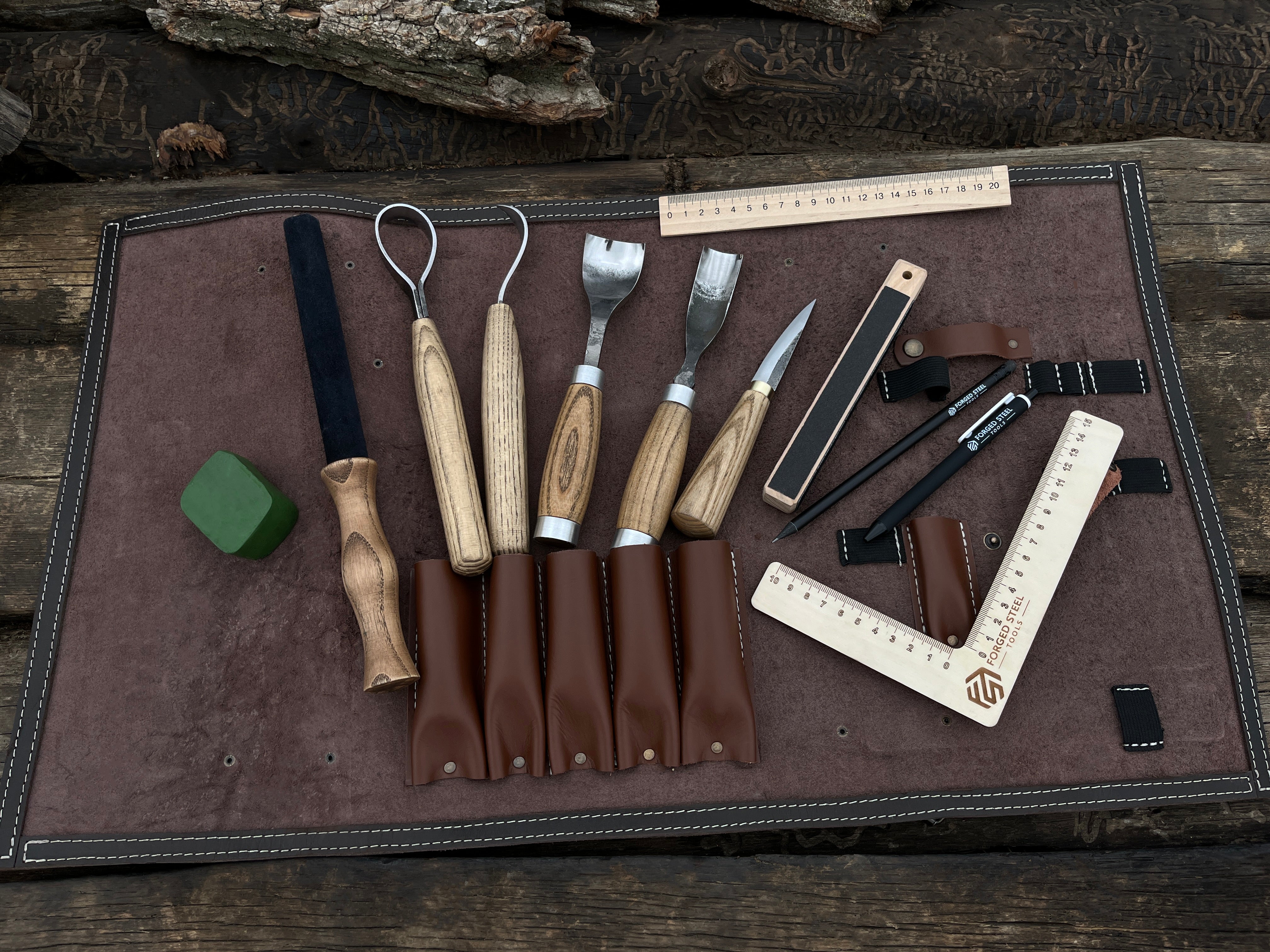 Wood Carving Tool Kit in Leather Case - Forged Steel Tools