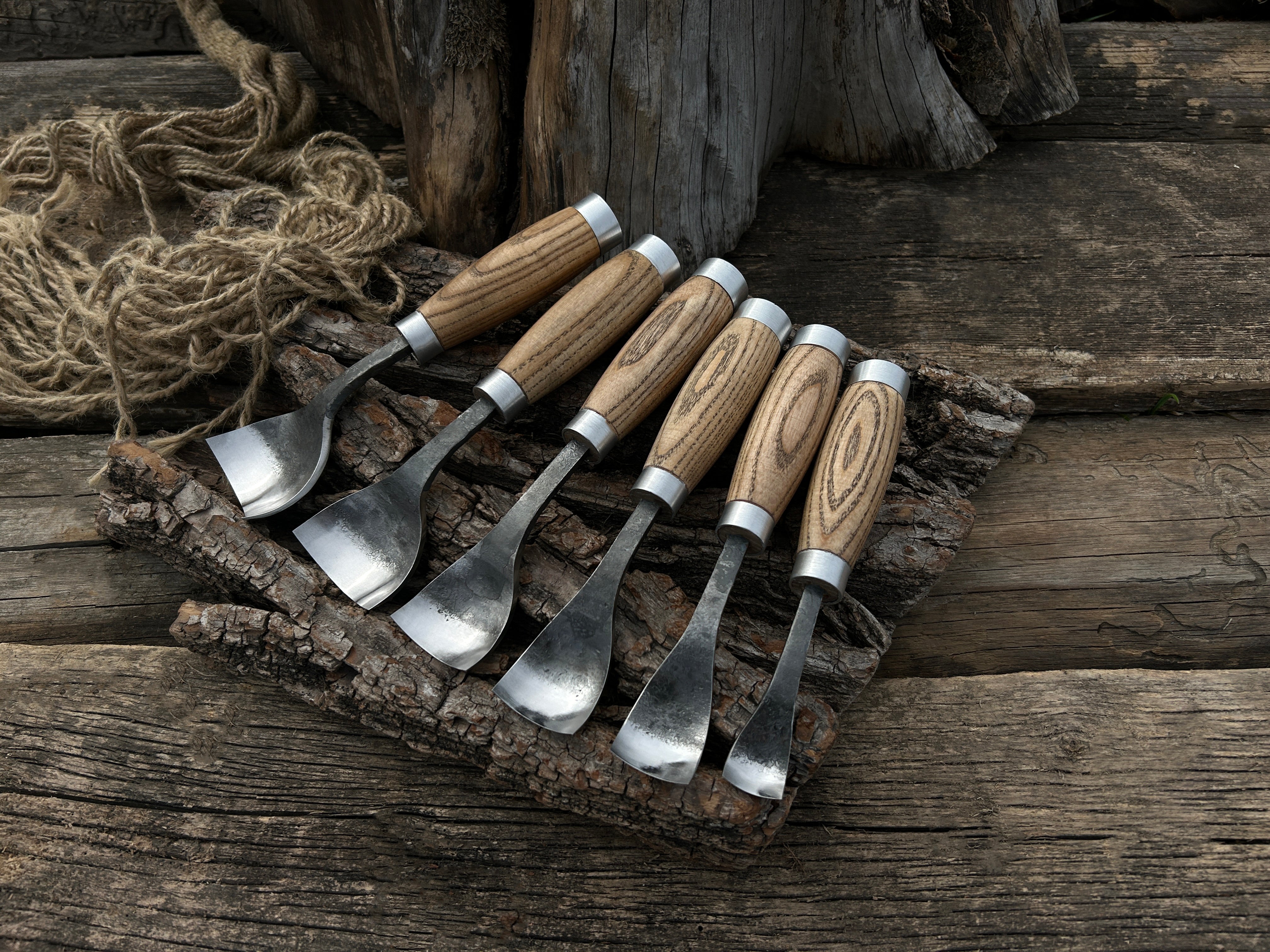 6-Piece Hand-Forged Spoon Bent Gouge Set - Forged Steel Tools