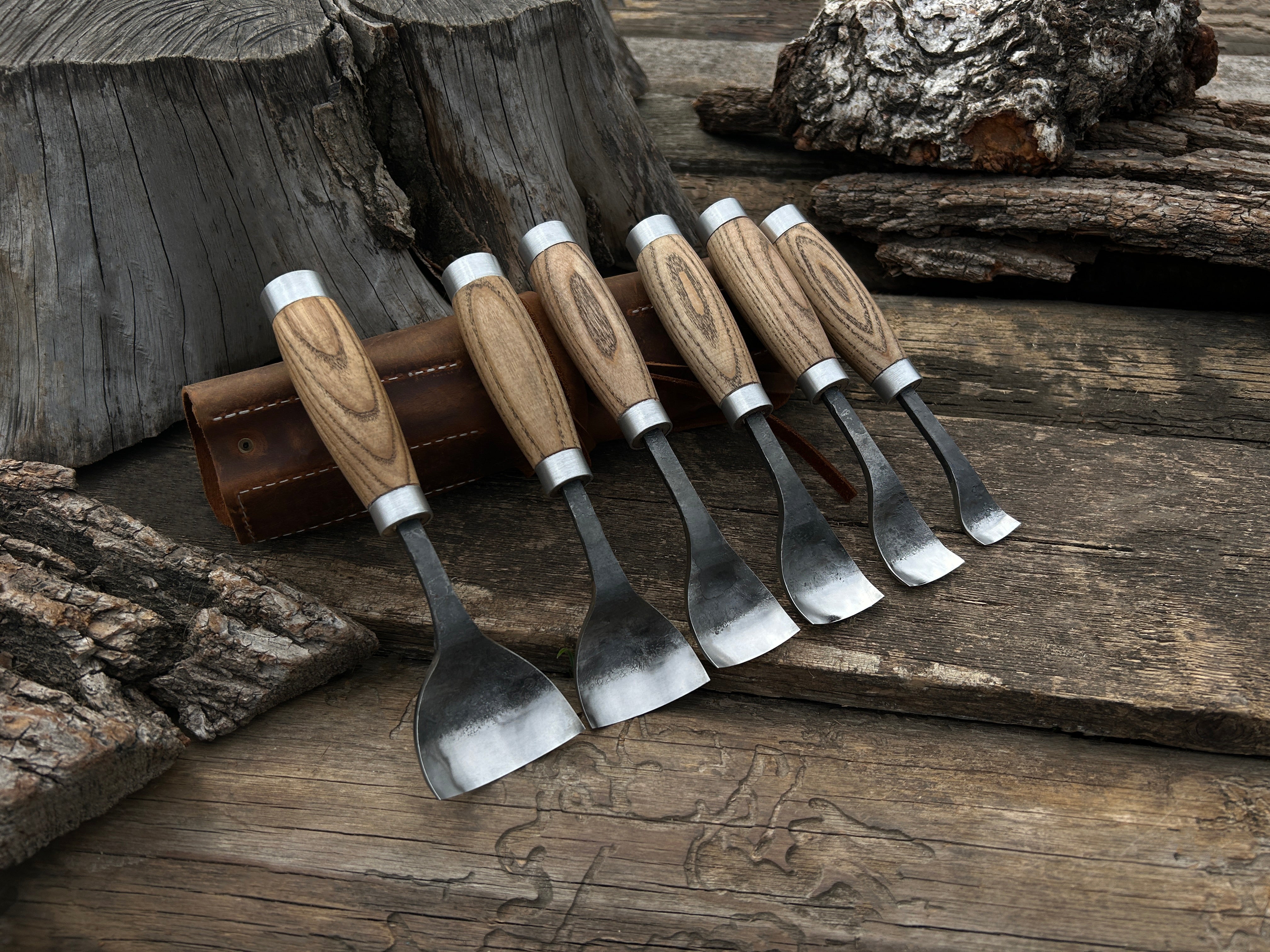 6-Piece Hand-Forged Spoon Bent Gouge Set - Forged Steel Tools