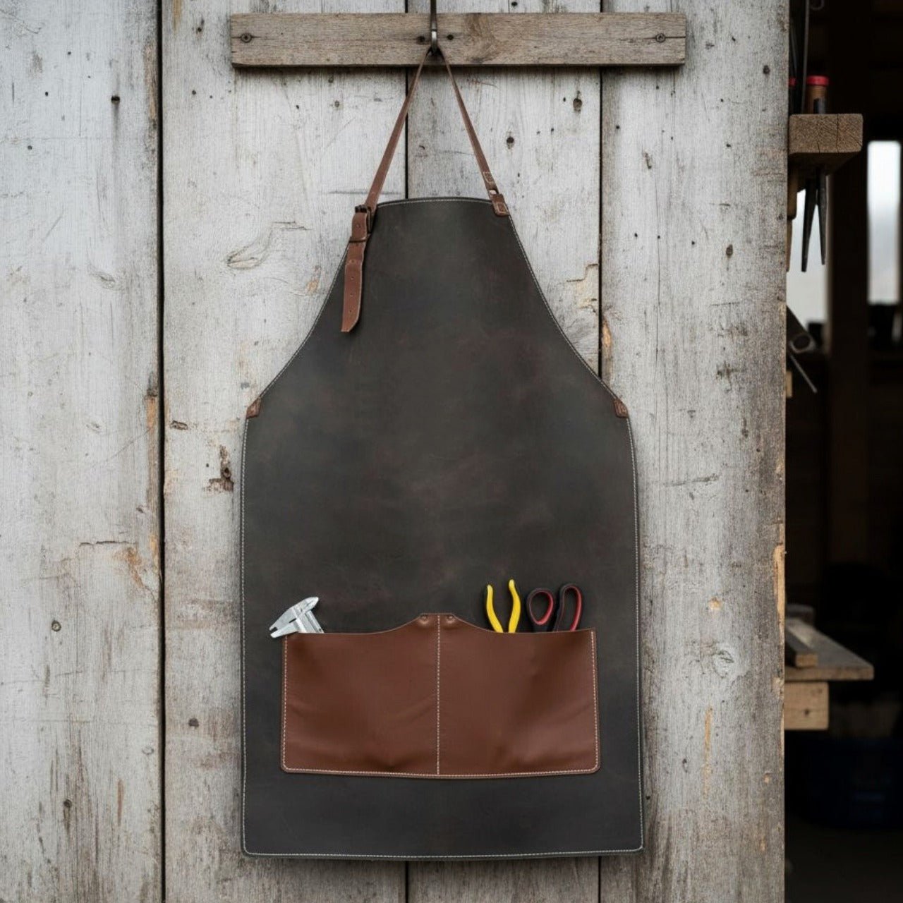 Black Leather Apron with Adjustable Straps and Pockets - 10