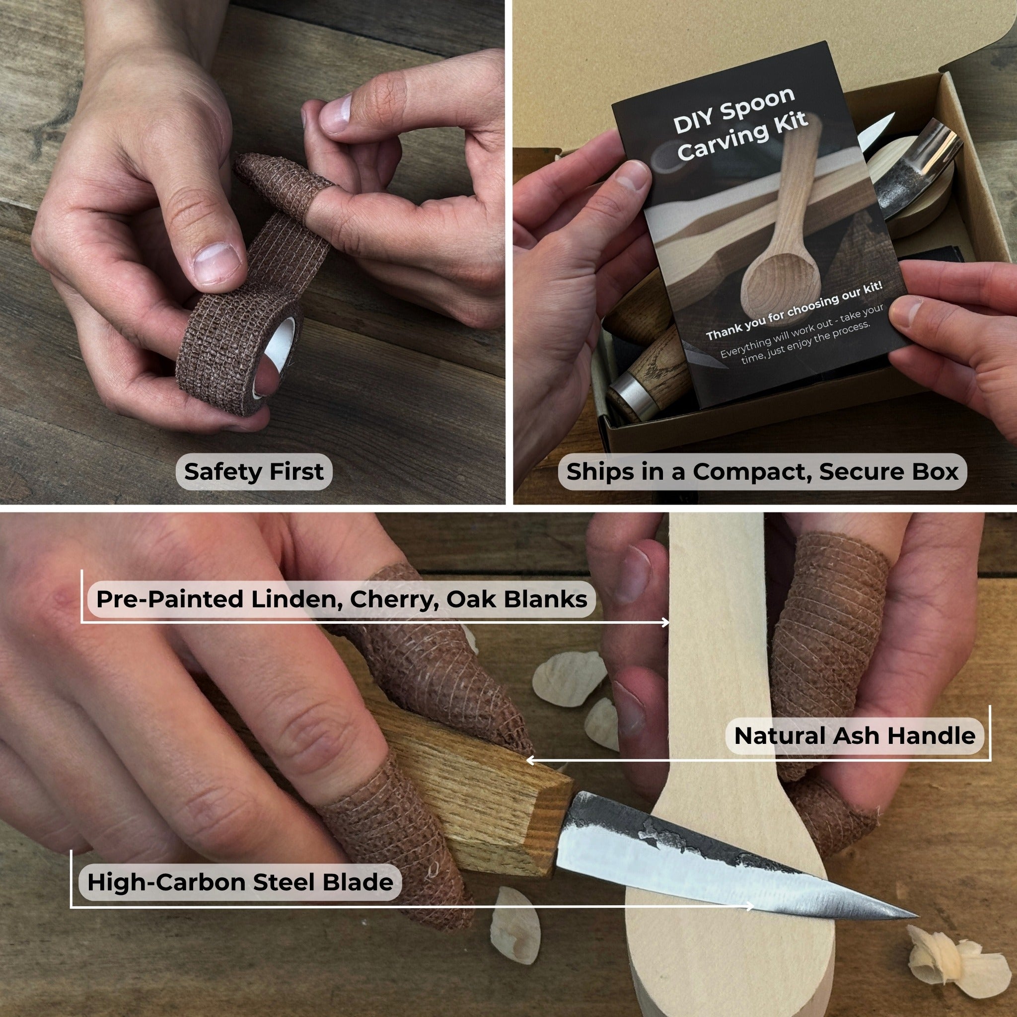 DIY 3 - Piece Spoon Carving Kit for Beginners – Linden, Cherry & Oak Wood Blanks - 2