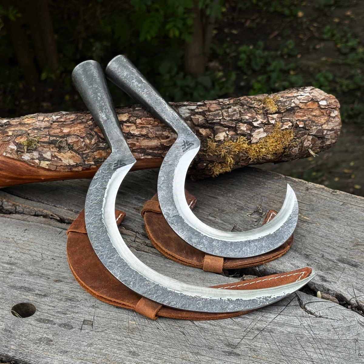 Hand-Forged 2-Piece Garden Sickle Set with Leather Sheaths - 1
