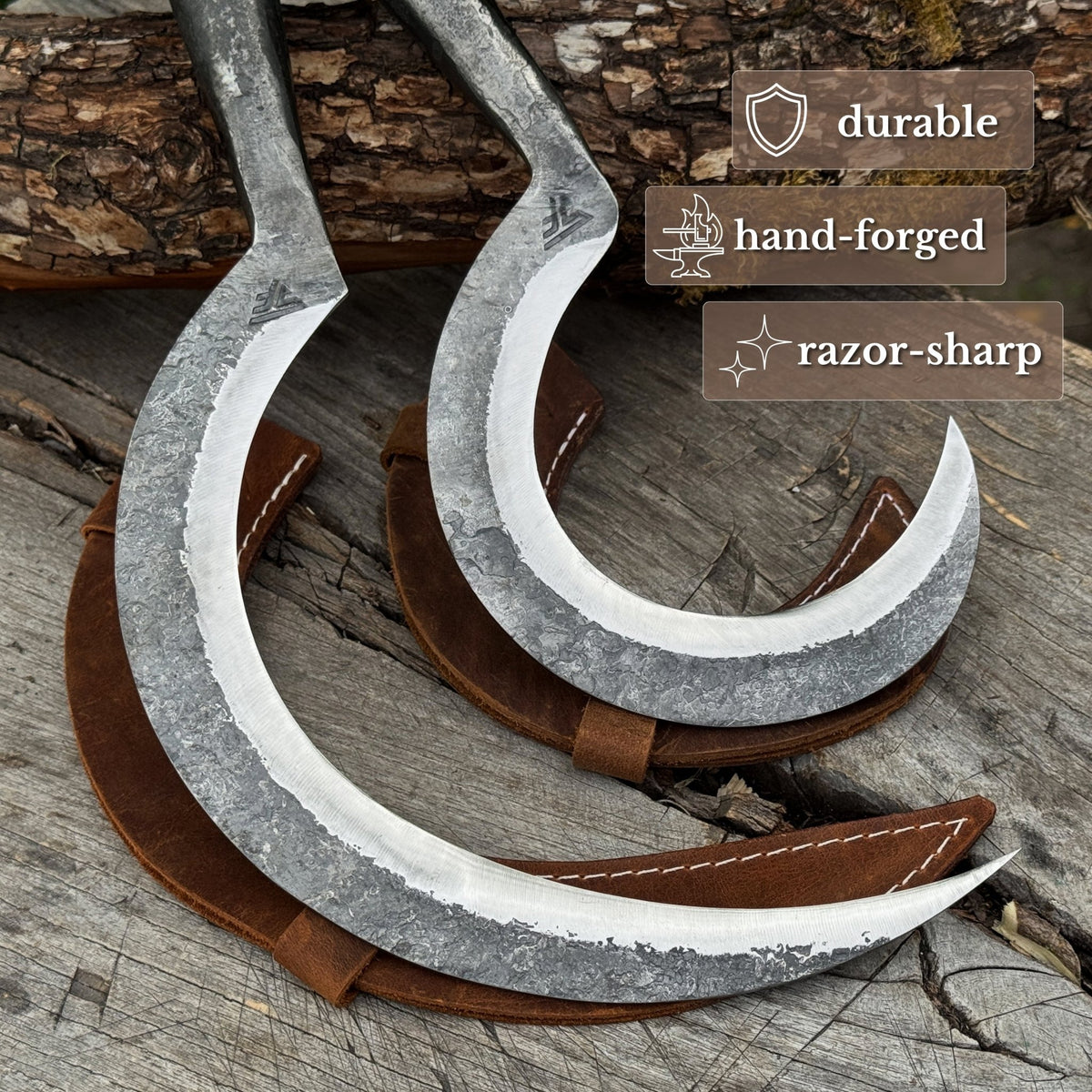 Hand-Forged 2-Piece Garden Sickle Set with Leather Sheaths - 2