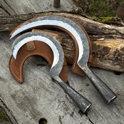 Hand - Forged 2 - Piece Garden Sickle Set with Leather Sheaths - 1